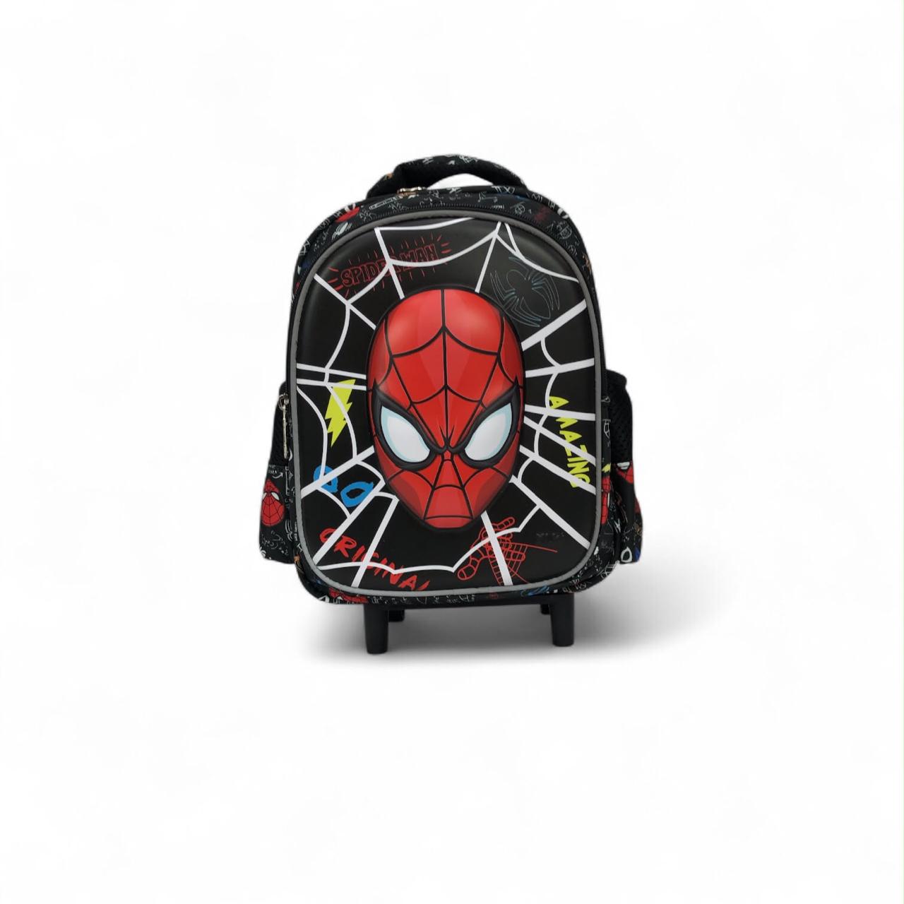 12-inch Spider-themed rolling trolley backpack with front character face print.